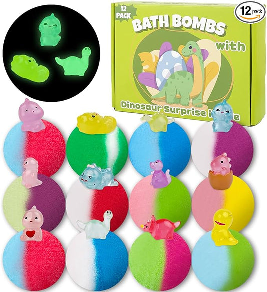 Bath Bombs for Kids, 12 Pcs Bath Bombs with Glow in The Dark Dinosura Surprise Inside, Handmade Organic Bubble Bath Ball Gift Set for Boys and Girls, Gift for Birthday Christmas Easter