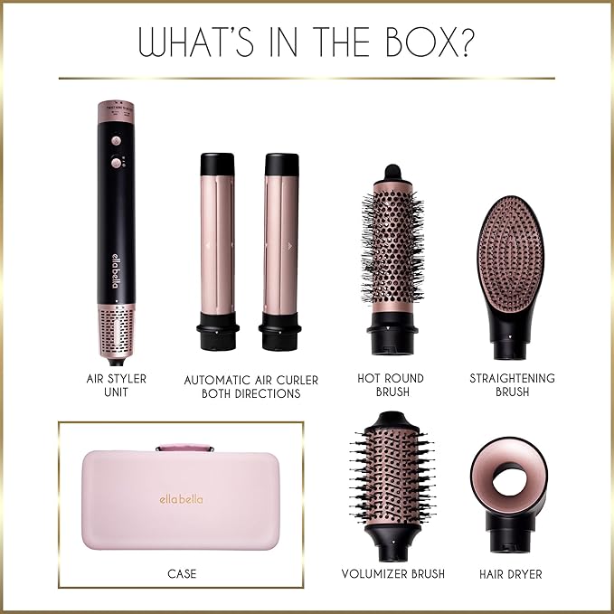 ELLA BELLA® 6 in 1 Professional Hot Air Styler Dual Voltage • Powerful Hair Dryer & Straightener Set • Styling Without Heat Damage • Fast Drying Curling Volumizing Straightening • with Travel Case