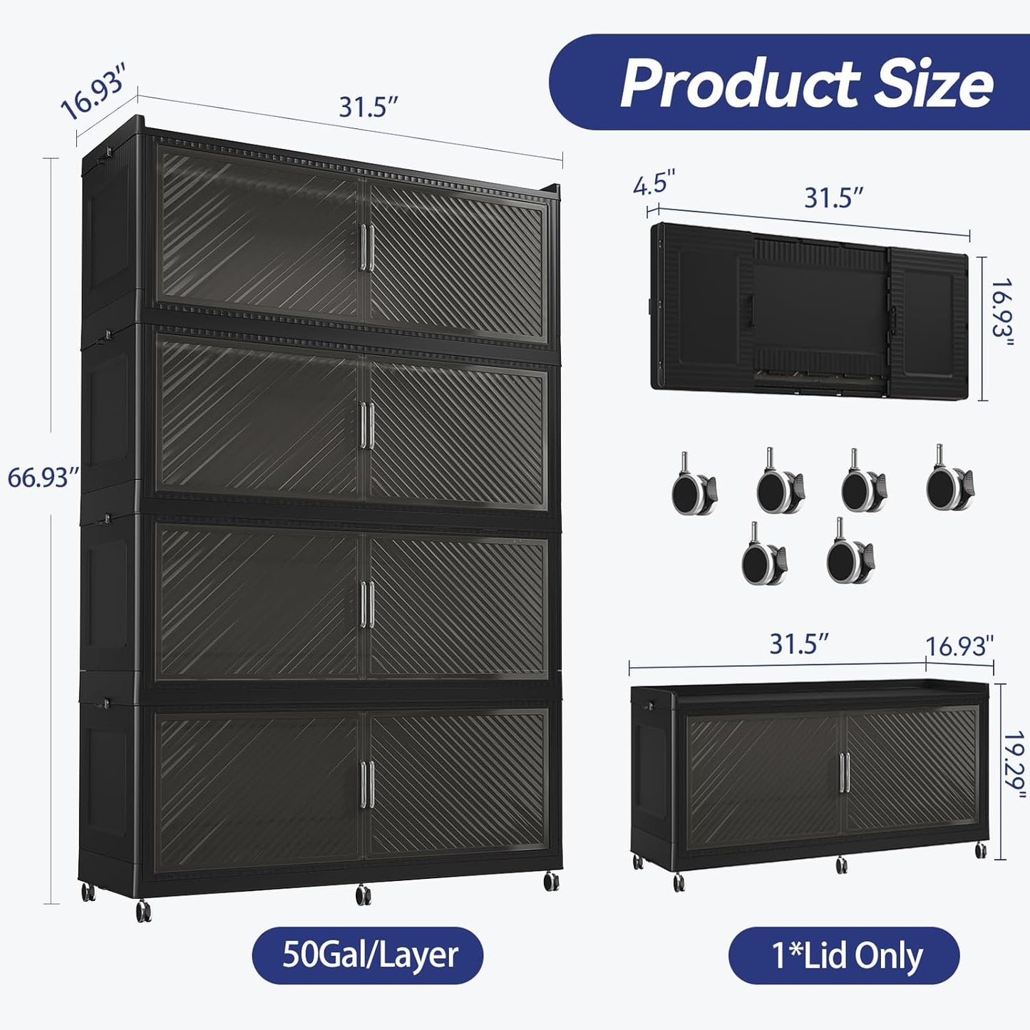 200 Gallon Extra Large Collapsible Storage Bin with Lid, 800QT Stackable Plastic Organizer with 6x Wheels, Foldable Drawer Cabinet for Closet, Living Room Office Dorm 4Pack, Black