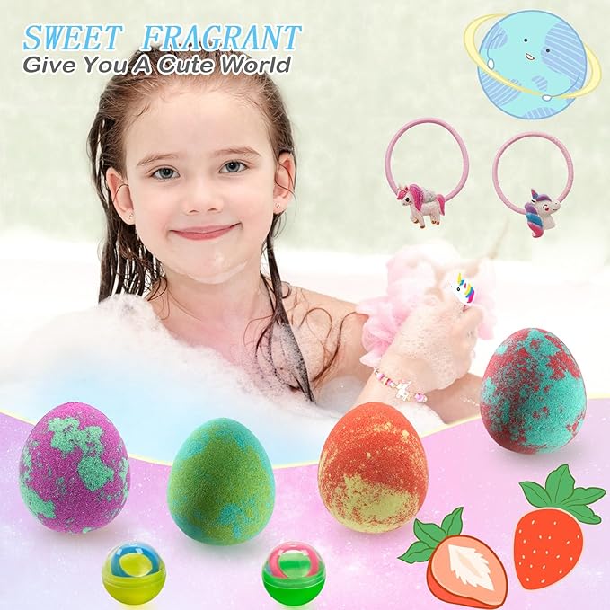 Bath Bombs for Kids with Surprise Inside- Dino Egg Bath Bombs for Girls, 6 Pcs Bubble Bath Bomb, Dinosaur Bathbombs Gift Set, Unicorn Jewelry for Girls, Birthday Gifts