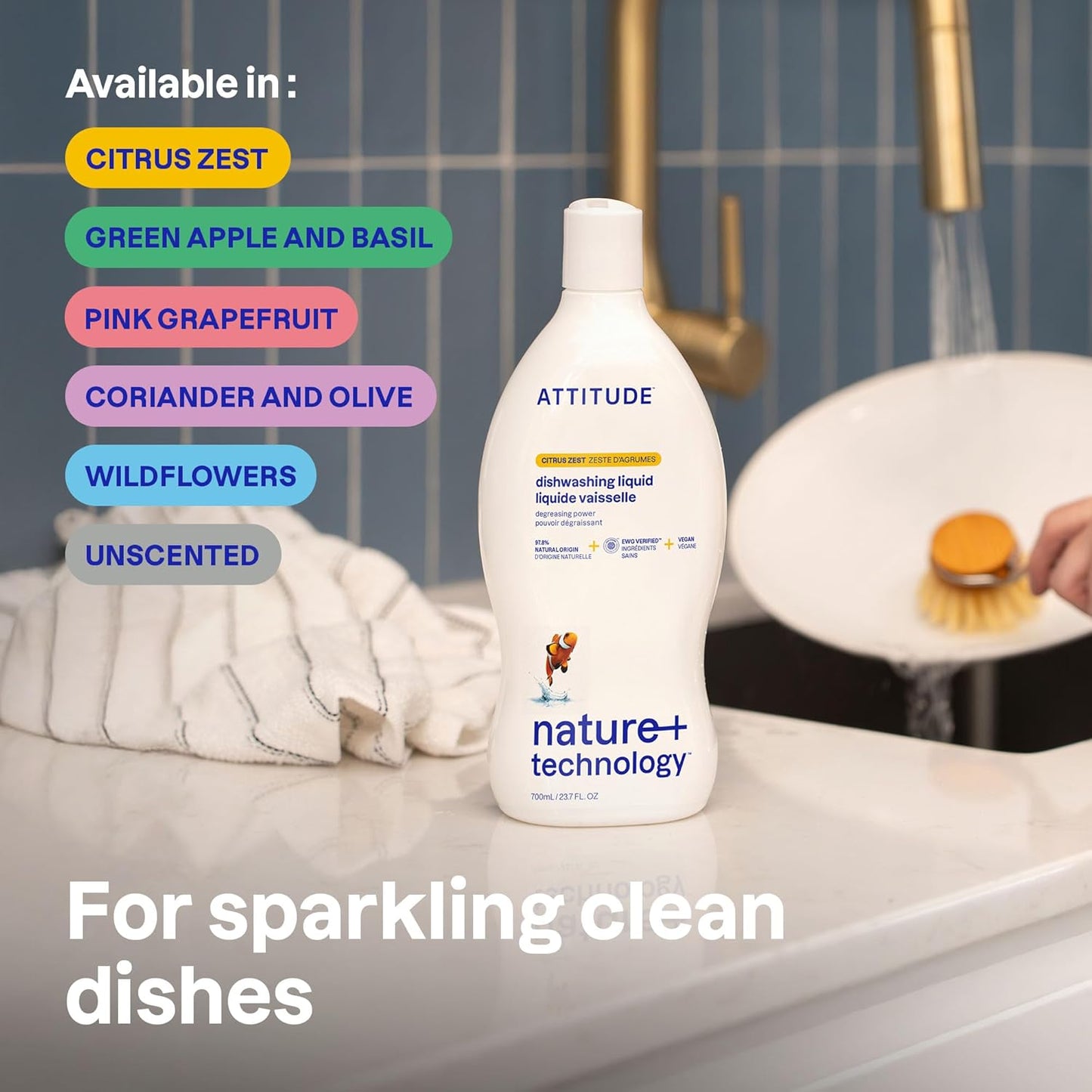 ATTITUDE Dish Soap, EWG Verified, Plant-Based & Vegan Dishwashing Liquid, Naturally Derived, Green Apple and Basil Scent, 23.7 Fl Oz