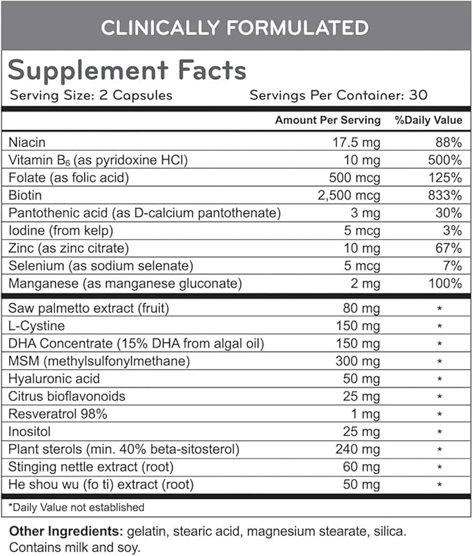 Hairmax Hair, Skin and Nails Dietary Supplement – Hair Loss & Hair Regrowth Treatment. 2500mcg Biotin, DHT Blocker, MSM & Antioxidants, 60 Capsules