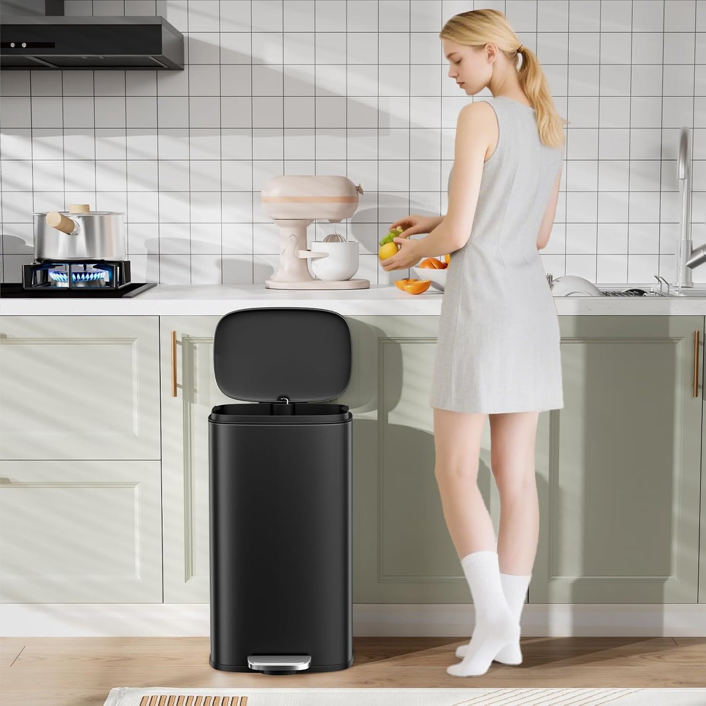 Arlopu13.2 Gallon Step Trash Can, Stainless Steel Garbage Bin, Soft-Close Rubbish Bin with Removable Plastic Inner Bucket, Fingerprint-Proof, Lid Dustbin, Suit for Kitchen Home (Black, 50L)