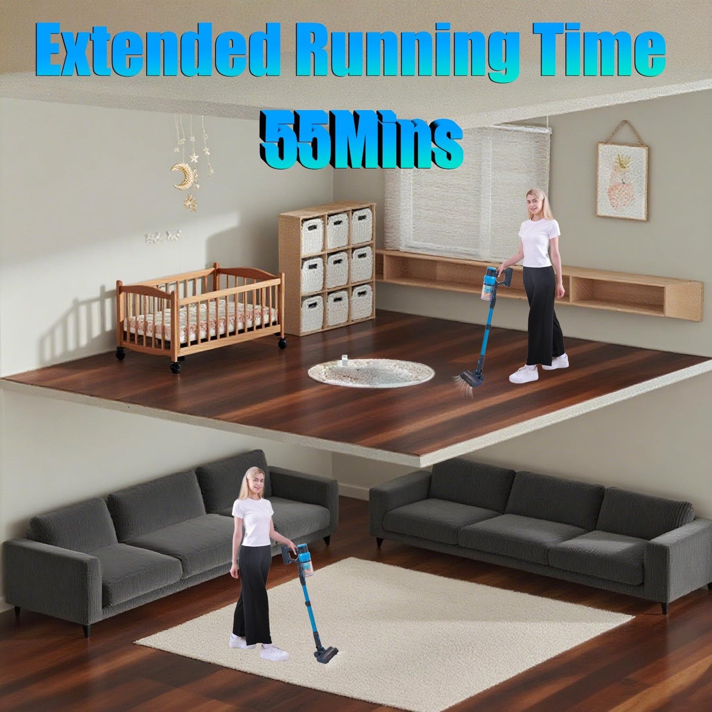 Cordless Vacuum Cleaner, 400W/45kPa/55Mins-8-in-1 Stick Vacuum Cleaners for Home Rechargeable for Pet Hair/Rugs/Hardwood | 1.2L Dustbin, Anti-Tangle | Self-Standing, Ideal for Car, Apartment