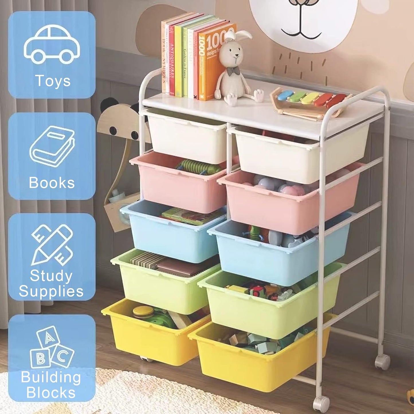 10 Drawers Rolling Storage Cart, Plastic Drawer Cart with Metal Frame, Multipurpose Art Craft Cart Organizer with Wheels, Utility Cart with Drawers for Home, Office, School, Multicolor