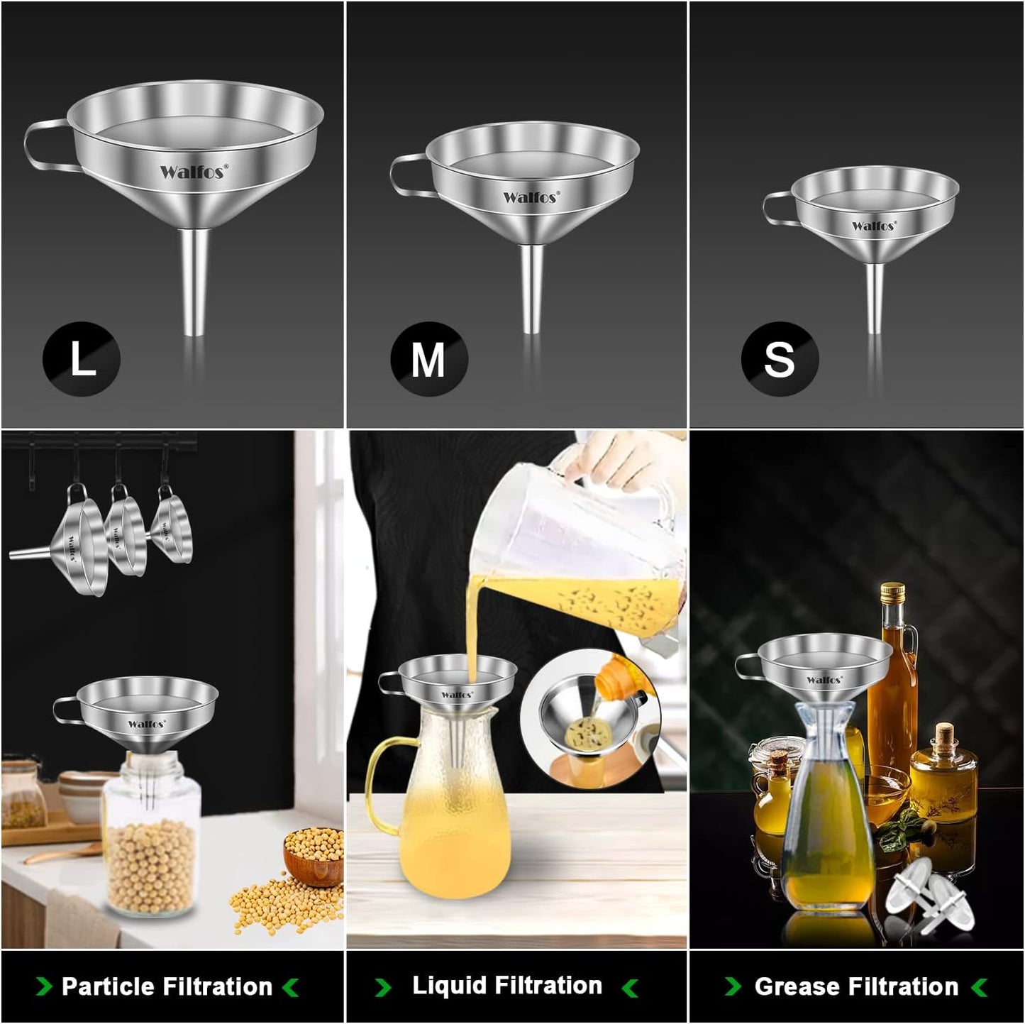 Stainless Steel Funnel, Walfos 3 Pack Kitchen Funnel with 2 Removable Strainer ＆ 1Pcs Cleaning Brush, Perfect for Transferring of Liquid, Oils, Jam, Dry Ingredients & Powder