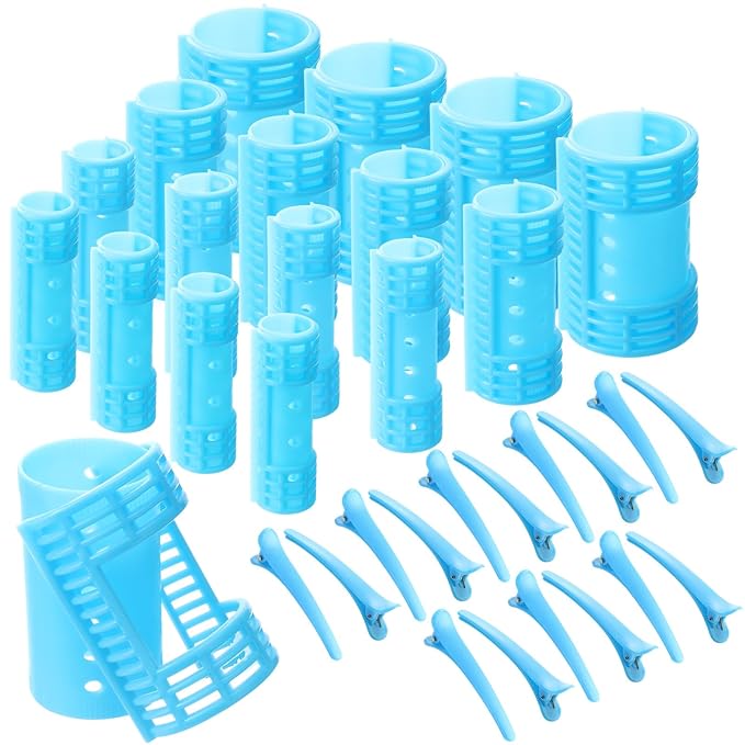 WILLBOND 65 Pieces Rollers Plastic Rollers Hair Curlers Set 4 Sizes for Long Medium Short Hair, Duck Clips Hairnet Hairdressing Styling Tool(Blue)