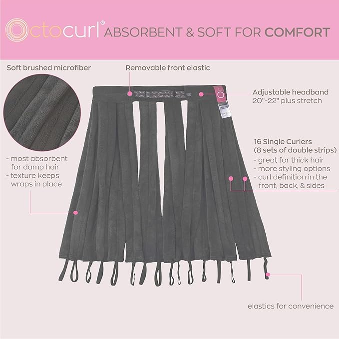 Octocurl Heatless Curls Headband - Hair Curlers to Sleep In - Heatless Curlers for Medium Length Hair (Microfiber - Black)