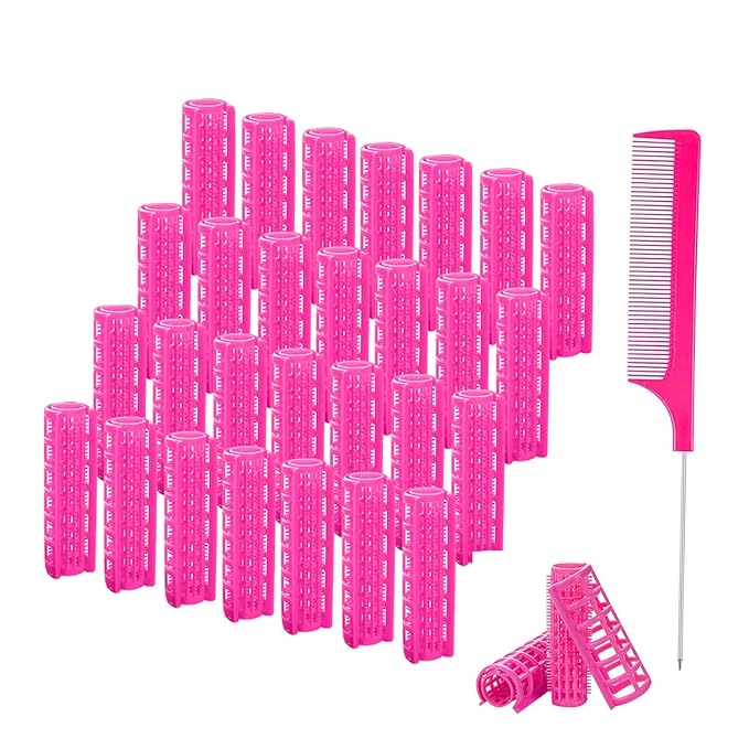 ZMD 28PCS Plastic Hair Rollers Set, 0.6In/1.5cm Small Size Snap on Rollers Self Grip Hair Curlers Heatless Rollers with Comb Hairdressing Curlers Tools for Women/Men Short Thin Fine Hair (Pink)