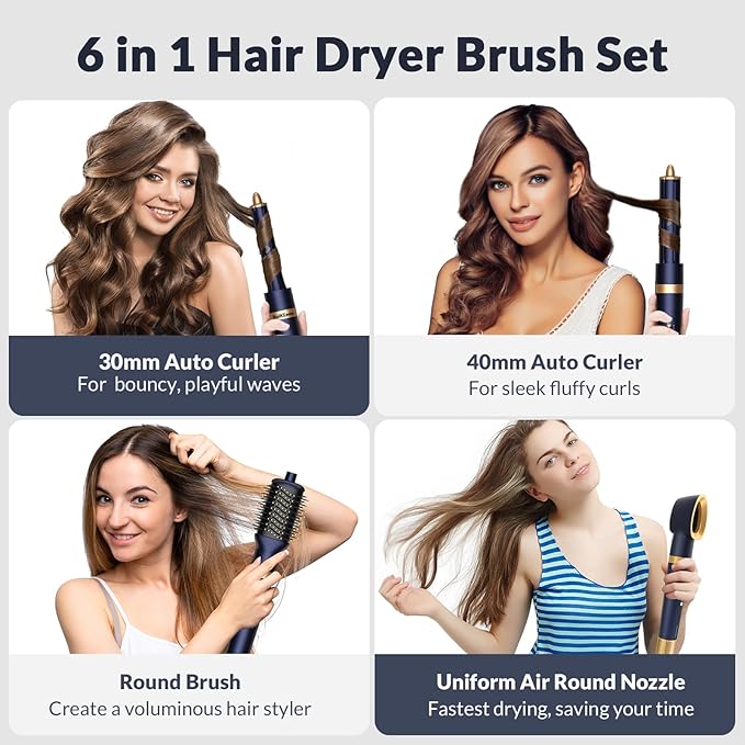Hair Dryer Brush 6 in 1 Professional Hot Air Styler, Hair Curler Set for Curling, Fast Drying, Smoothing, Volumizing, Multi Hair Styling Tools with Travel Case - No Heat Damage - Prussian Blue