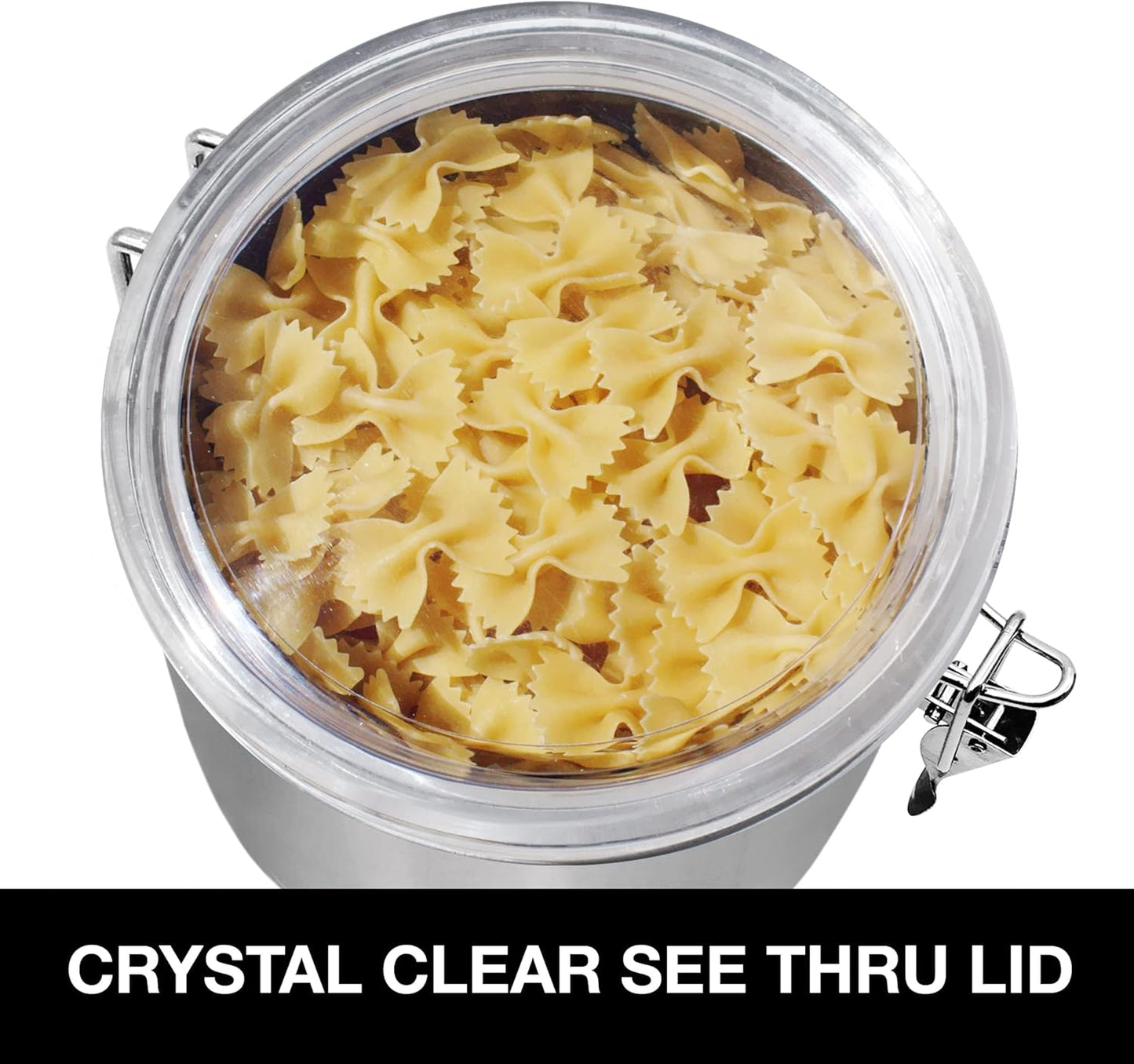 Oggi Stainless Steel Kitchen Canister 152 fl oz - Airtight Clamp Lid, Clear See-Thru Top - Ideal for Kitchen Storage, Food Storage, Pantry Storage. Jumbo Size 8" x 8".