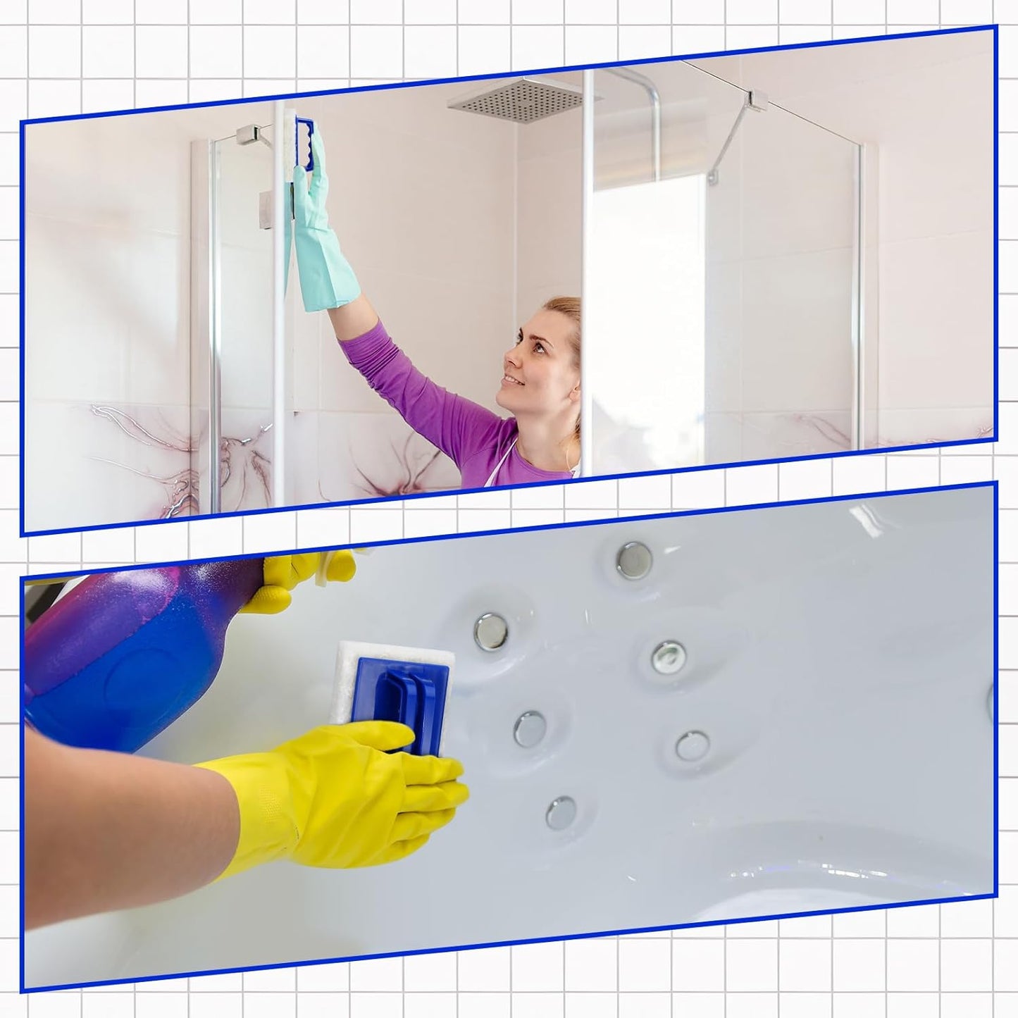 18 Pcs Handled Bath Scrubber Set, 15 Bathroom Scouring Pad 3 Bathtub Scrubber with Handle Non Scratch Soap Scum Remover for Cleaning Sink Shower Tile Swimming Pool Step and Corners(Blue and White)