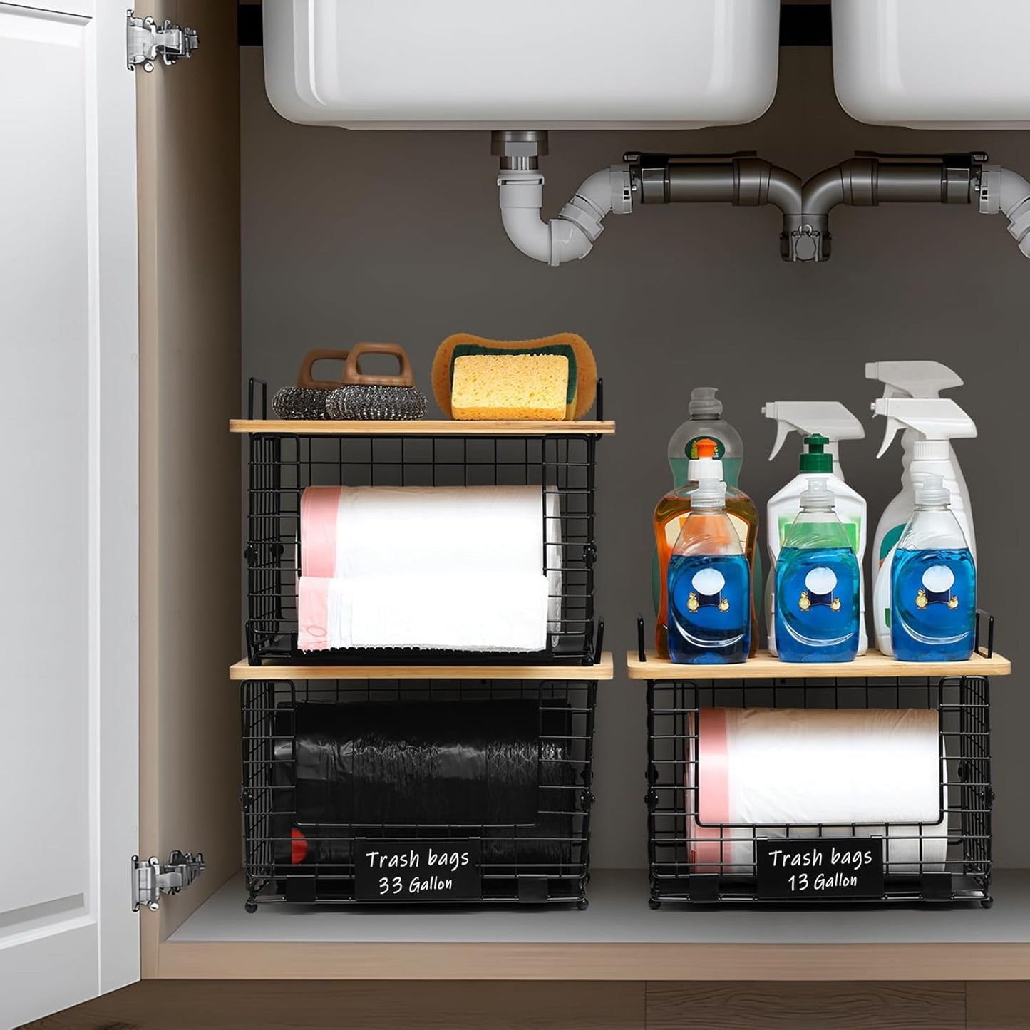 1 Pack Stackable Storage Trash Bag Baskets with Bamboo Top, Large & Standard Trash, Garbage Bag Holder Dispenser, Multiuse Basket for Kitchen Pantry Cabinet Counter Under Sink Laundry Organizing