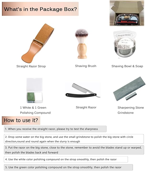 DanNuo Safety Straight Razor Shaving Set for Men with Shaving Brush Browl Barber Razor Strop Sharpening Stone Shaving Soap Polishing Compound Gift Set