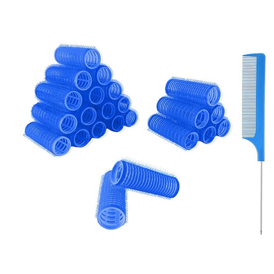 24PCS Self Grip Small Heatless Rollers Set for Pro Salon Hairdressing and DIY Hairstyles - Rat Tail Comb Included for Medium and Short Lengths (0.8in, Dark Blue)
