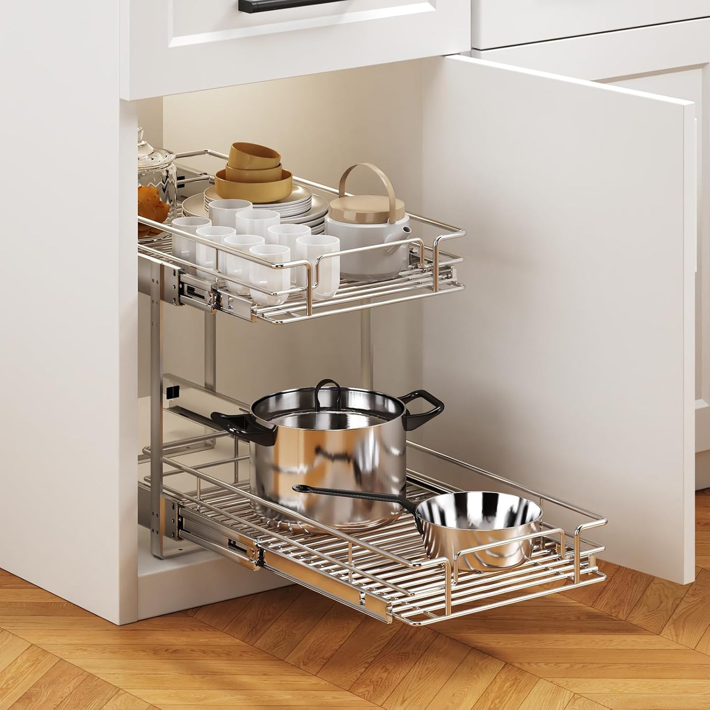 2 Tier Individual Pull Out Cabinet Organizer 12½" W x 21½" D, Heavy Duty Cabinet Pull Out Shelves, Slide Out Drawers Organization for Kitchen Cabinets Bathroom