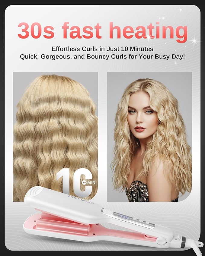 NOVUS Hair Crimper/Waver and 4-Barrel Rovy Wave Curling Iron, Shallow Wave Hair Curlers Hot Tool with Ceramic, 0.6 Inch Beach Waves Curling Wand, Hair-Type Adjustable Heat