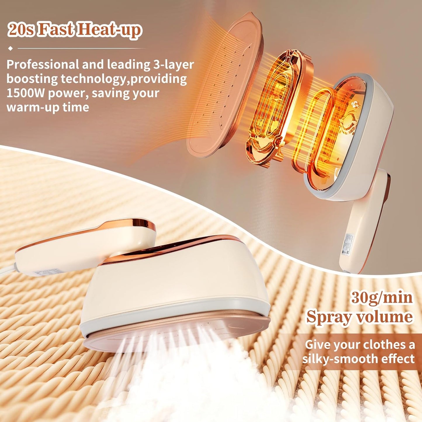 Handheld Garment Steamer 1500W – Large Ironing Panel, 20s Fast Heat-Up, 17 Steam Vents, 8 Fabric Modes & 260mL Water Tank for Home, Travel & Business