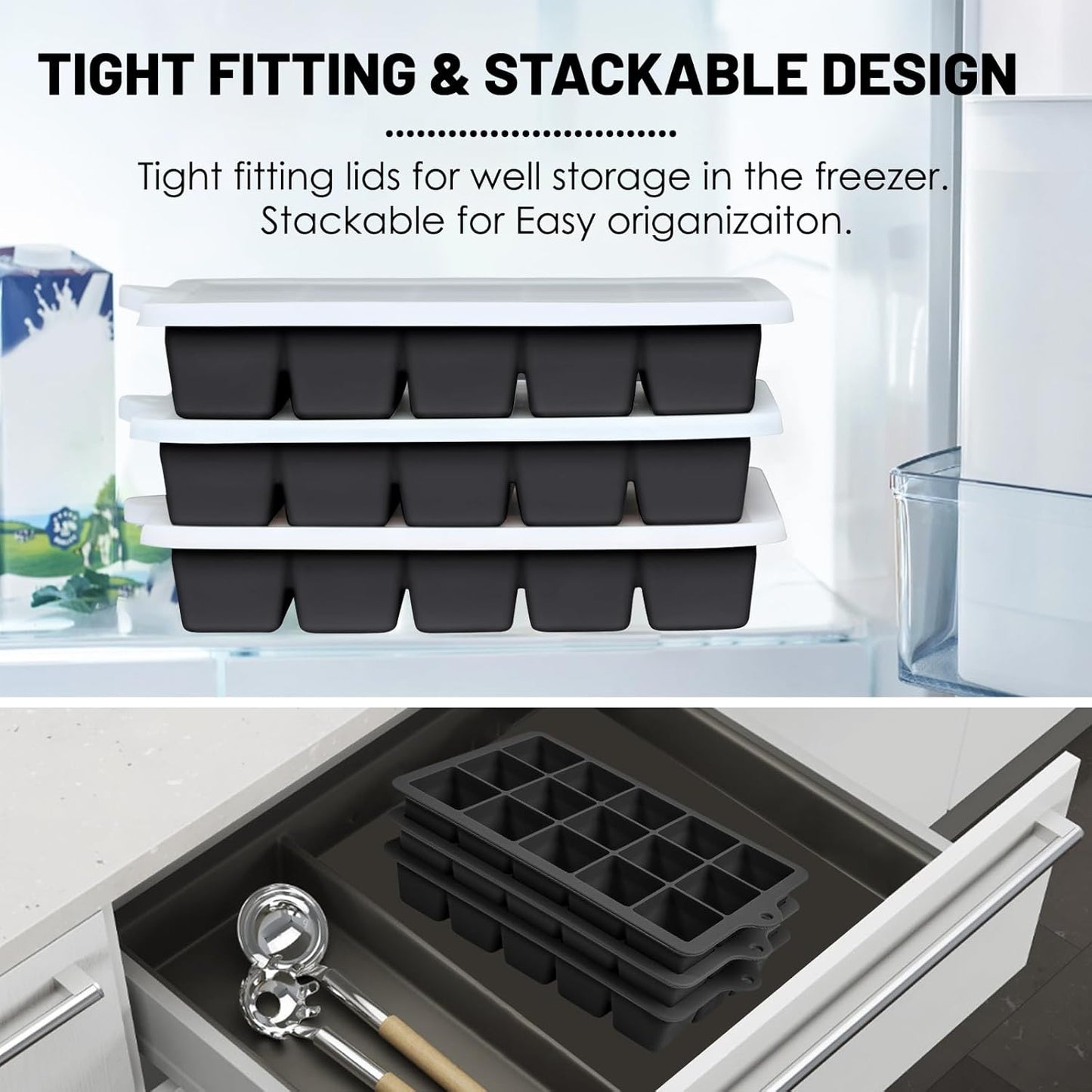 Silicone Ice Cube Trays 3Packs, Easy Release Ice Cube Molds with Lid, Freezer Stackable Ice Maker for Whiskey, Baby Food, BPA Free (Black)