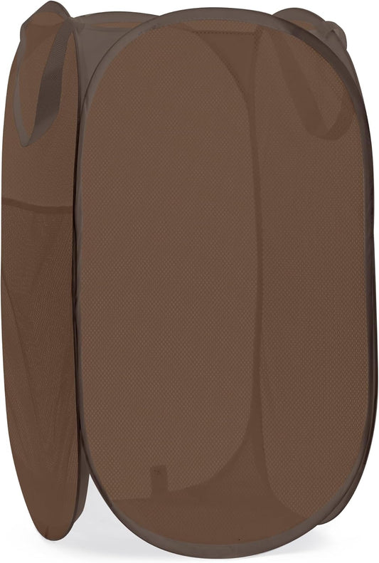 Handy Laundry Collapsible Mesh Pop Up Hamper with Wide Opening and Side Pocket - Breathable, Sturdy, Foldable, and Space-Saving Design for Clothes and Storage (Brown)
