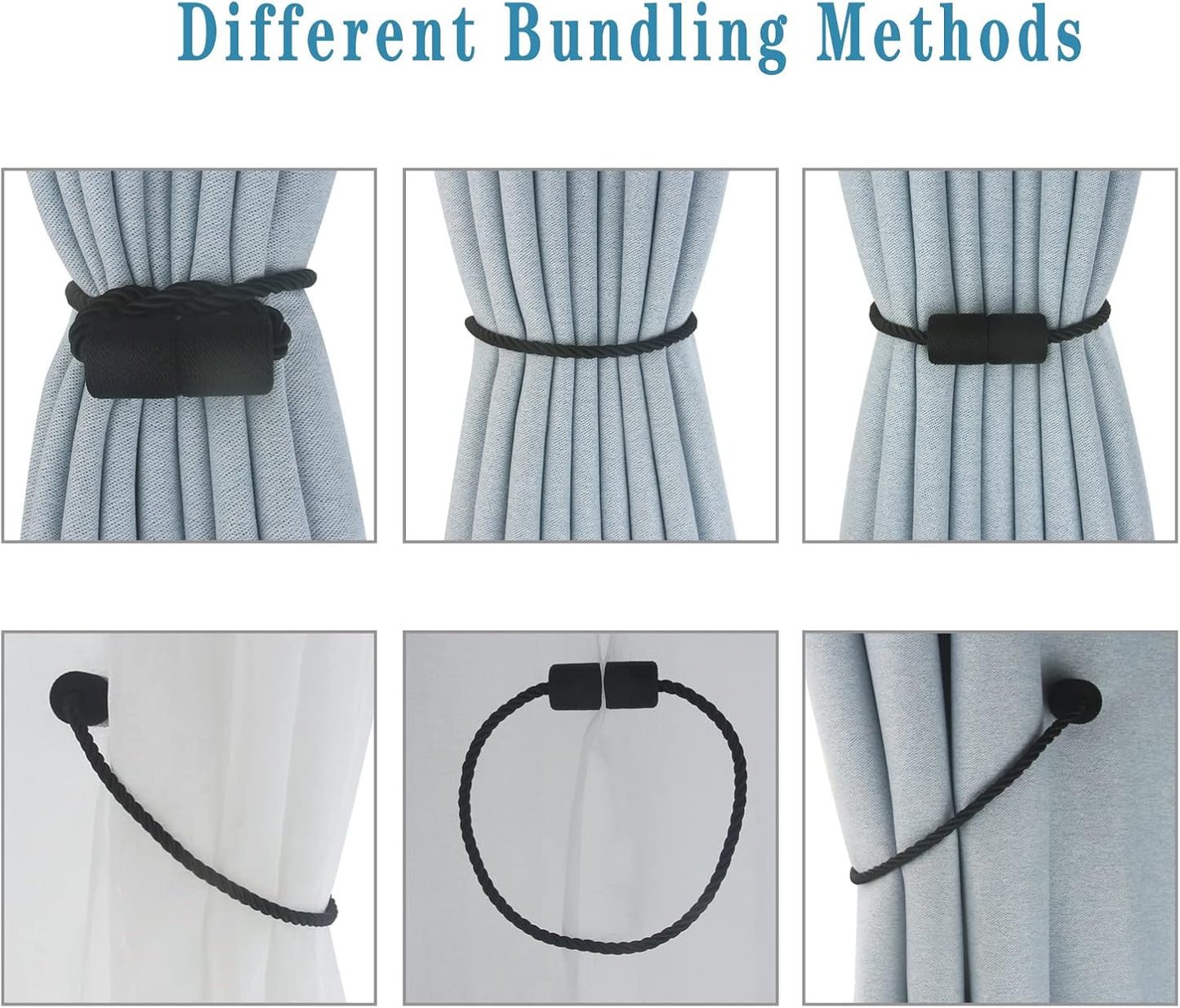 Magnetic Curtain Tiebacks 4 Pack Black Curtain Rope Tieback Curtain Holders for Drapes Modern Tie Backs Decorative Curtain Holdbacks
