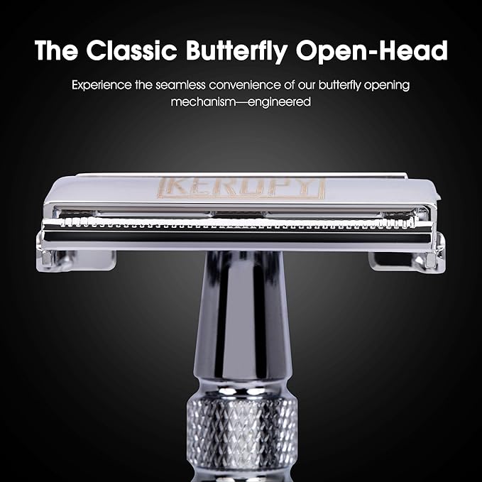 Professional Heavyweight Butterfly Safety Razor for Men - Stainless Steel Single Blade Double Edge De Razor Long Handle with 10 Double Edge Blades - Wet Shaving Kit - Mirror Polished Silver