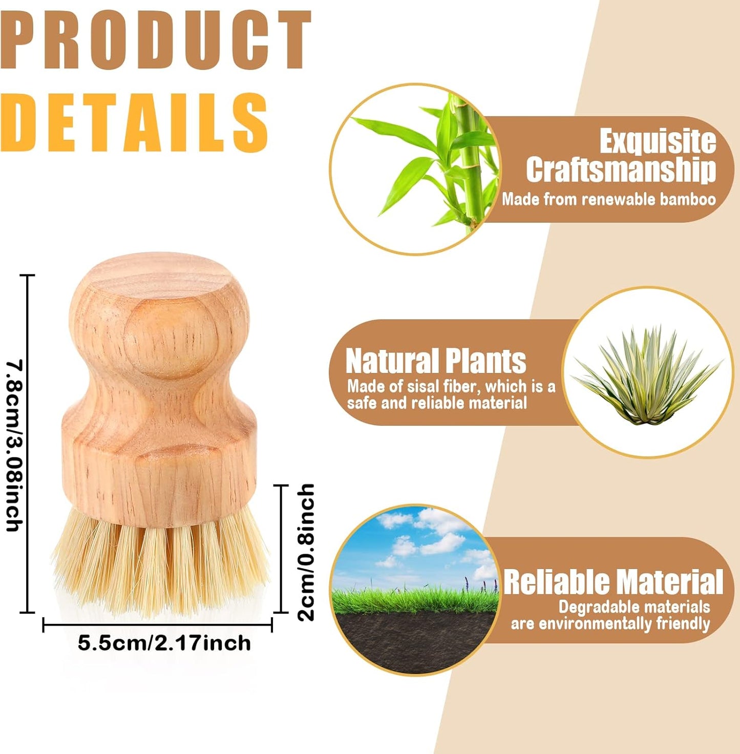 Nuenen 40 Packs Bamboo Dish Scrub Brushes Wooden Scrubbers Set Kitchen Dishwashing Scrubber with Natural Sisal Bristles for Iron Pot Pan Sink