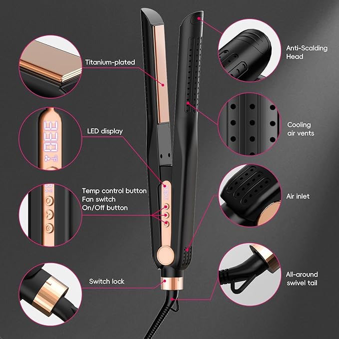 SKIMI Airflow Styler, Titanium Flat Iron Hair Straightener, Professional Curling Iron with Cooling Air Vents to Lock in Style, 5 Temps & Dual Voltage, Auto Off(Black & Champagne).