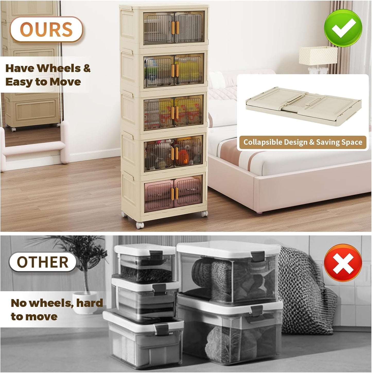 28 Qt Plastic Storage Bins with Lid, Collapsible Closet Organizer and Drawers, Stackable Storage Containers with Wheels, 5Pack