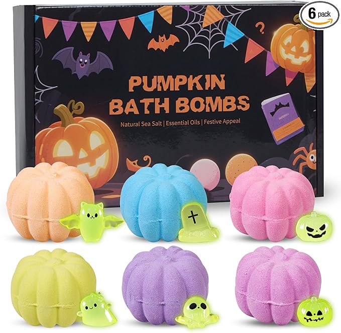 Halloween Bath Bombs for Kids Pumpkin Bath Bombs with Halloween Luminous Mini Resin Toys Inside Halloween Toys Halloween Treat Bags Gifts Kids Skin Care Bathbombs