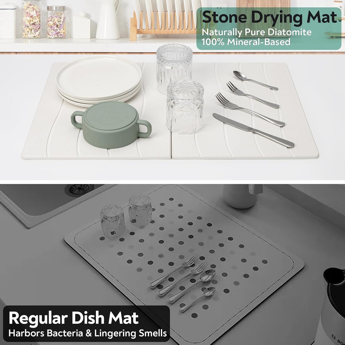 Large Stone Drying Mat for Kitchen Counter, 24x16 Foldable Self Stone Dish Drying Mat, Absorbent Food Grade Diatomaceous Earth Dish Dry Mats for Sink Bathtub