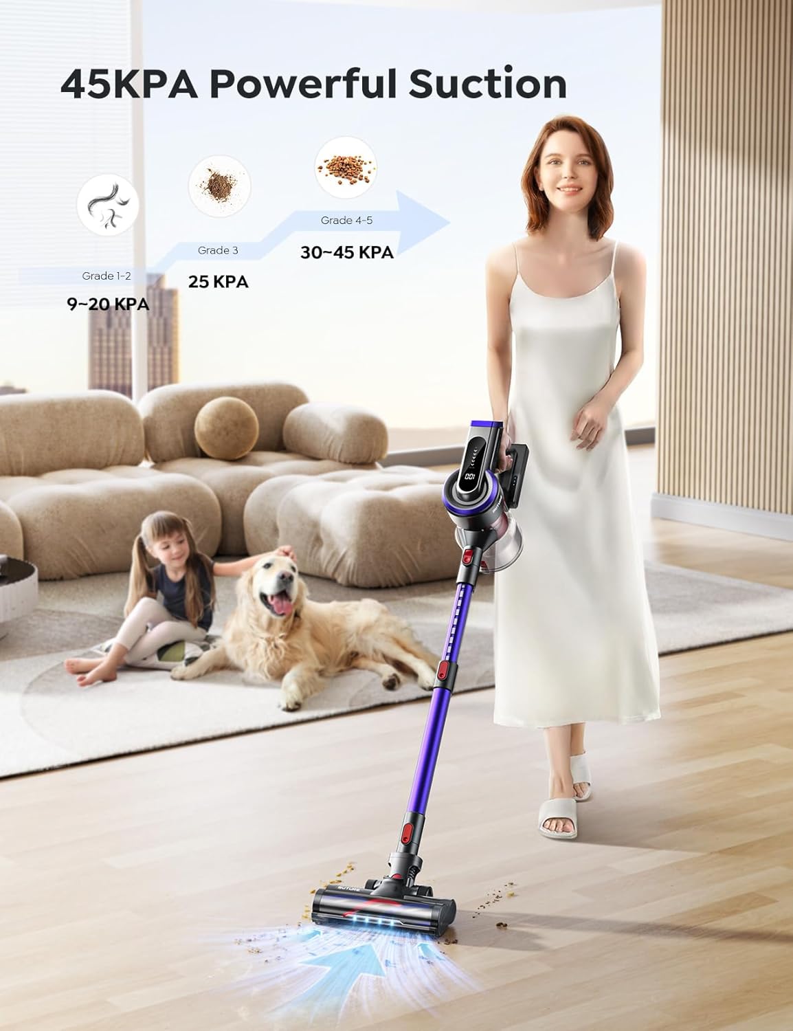 Cordless Vacuum Cleaner, 450W 45Kpa Vacuum Cleaners for Home with 5 Suction Modes, Vacuum Cleaner with Max 60Mins, Stick Vacuum Cordless for Hardwood Floor Carpet Pet Hair