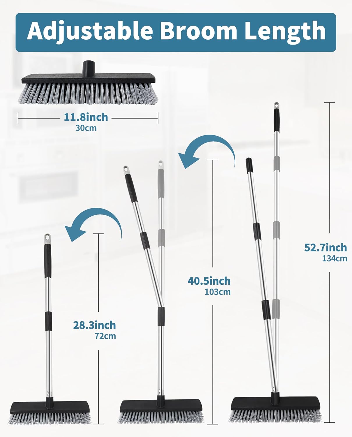 LandHope Hard Bristle Deck Broom Adjustable Long Handle Scrub Brush Heavy Duty Concrete Push Broom Outdoor Brush Garage Broom Wood Large Floor Scrubber 28-52 inch Balcony -Multi Segment Handle