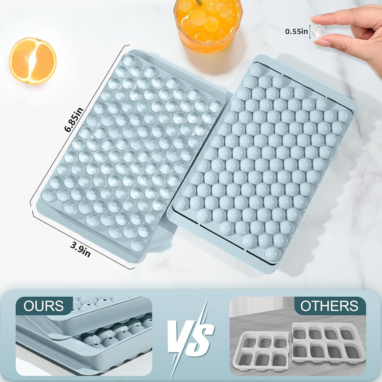 WIBIMEN Mini Ice Cube Trays, Small Tiny Round Pebble Crushed Nugget Ice Trays for Freezer with Lid - Chilling Drinks Coffee Juice(2 Pack/0.55In - Blue)
