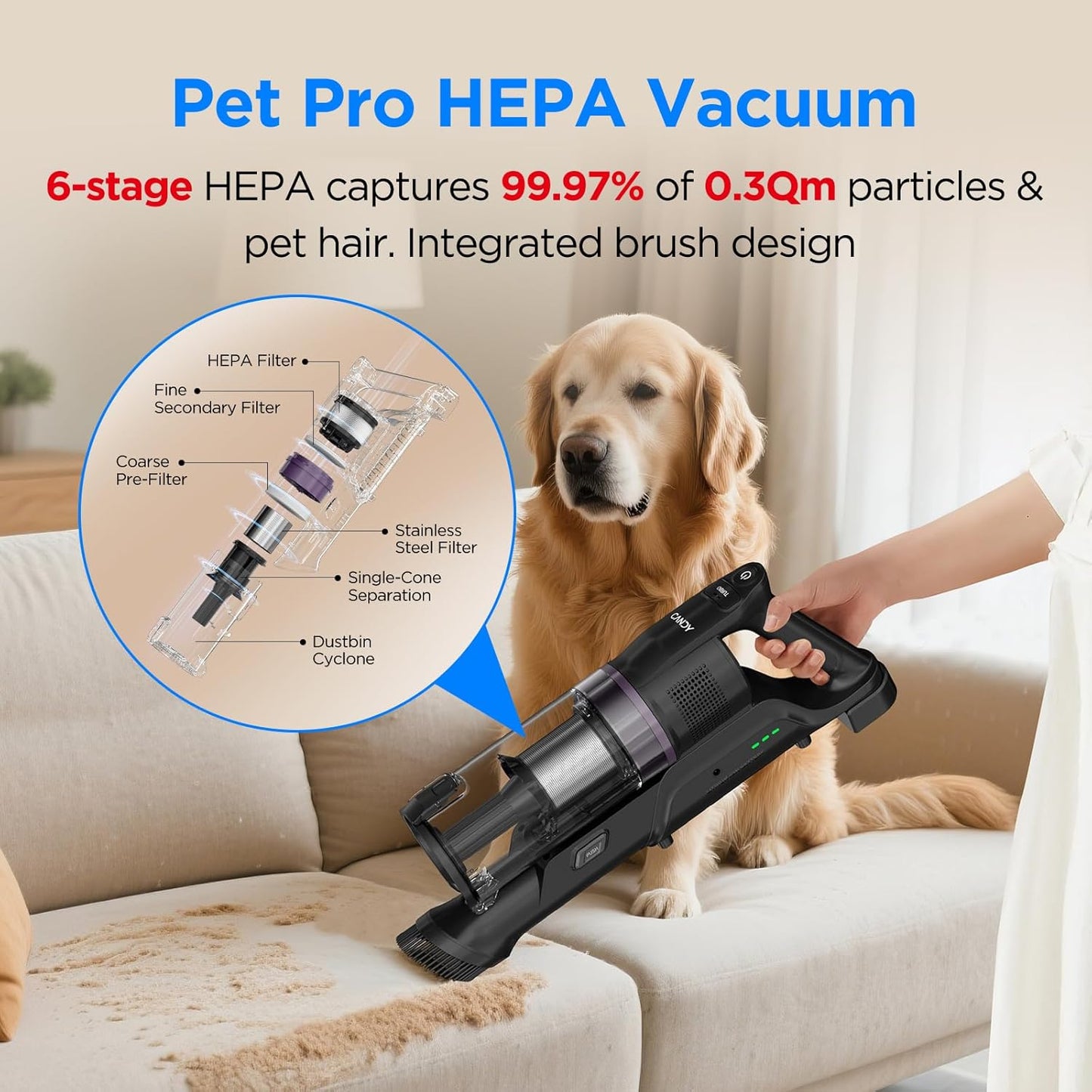 CANDY Cordless Vacuum Cleaner, Stick Vacuum Cordless Rechargeable,45Mins Powerful Suction Vacuum Cleaners for Home,Anti-Tangle,One-Click Dust Disposal,Lightweight for Hardwood Floor Carpet Pet Hair