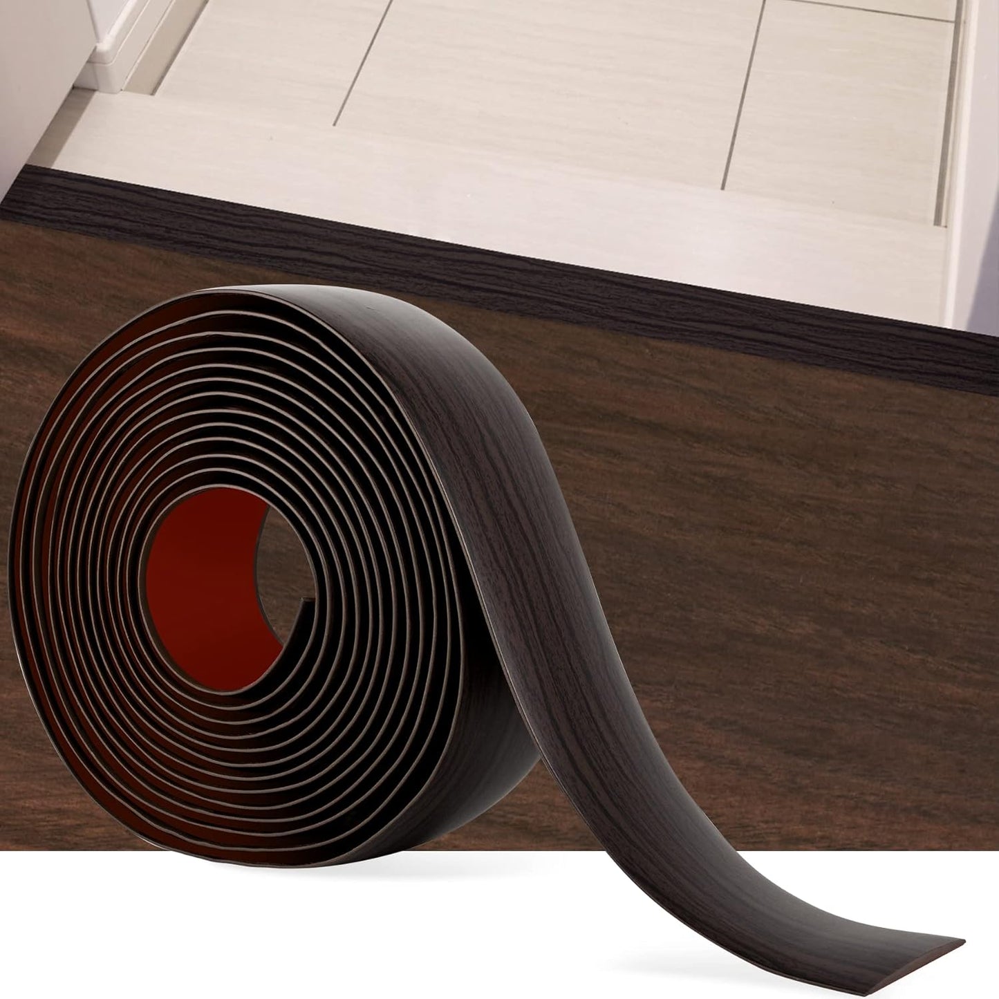 16.4Ft Floor Transition Strip Self Adhesive Vinyl Cover Floor Strip Flat Divider Transition Strip Wood Grain Design for Laminate Floor Gaps and Doorway Transitions (16.4Ft x 2 Inch, Brown)