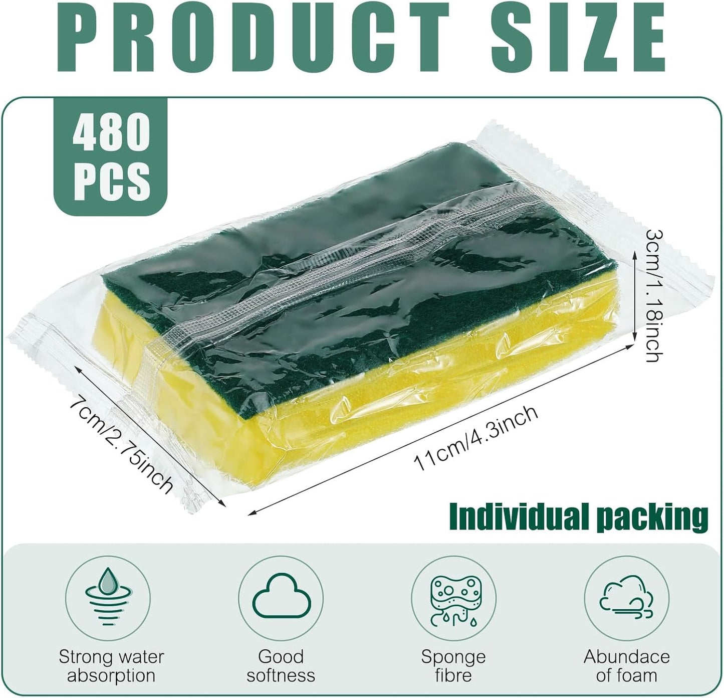Tanlade 480 Pcs Bulk Kitchen Dishwashing Sponges Individually Wrapped Non Scratch Scouring Sponges for Dishes Household Cleaning Travel Apartments Hotel Car