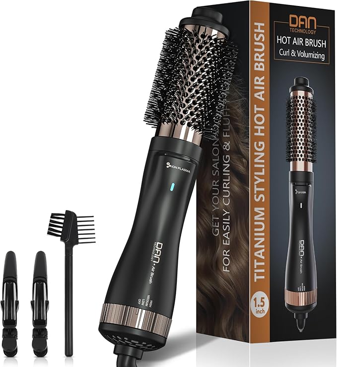 Dan Technology Blow Dryer Brush 1.5 Inch Round Blowout Brush 4-in-1 Hot Air Hair Dryer Brush & Styler, Comb, Straightener & Curler with Titanium & Ionic (Black-Rose Gold)