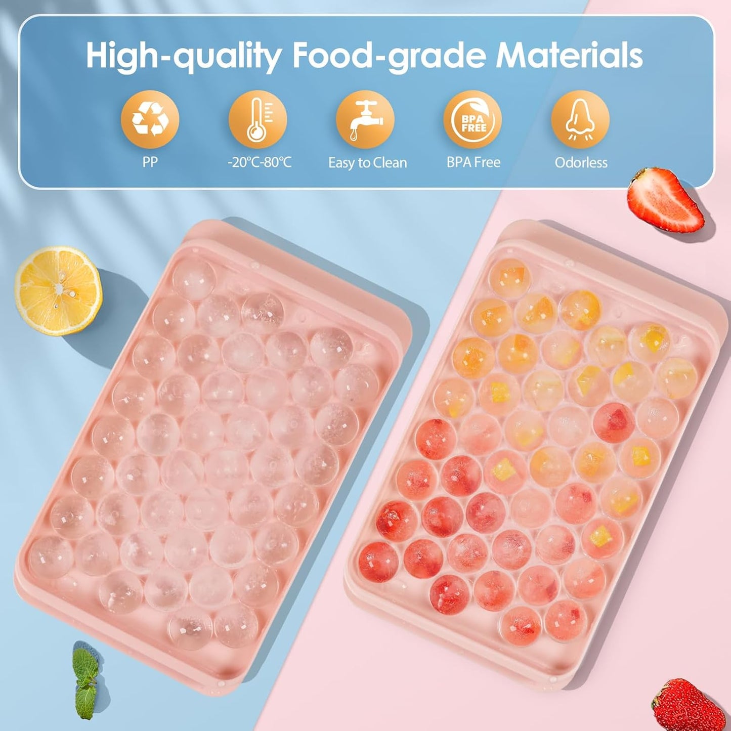 WIBIMEN Ice Cube Tray with Lid and Bin - Round Ice Trays for Freezer with Lid - Ice Cube Trays for Freezer with Ice Container (0.8"-2PACK Pink)