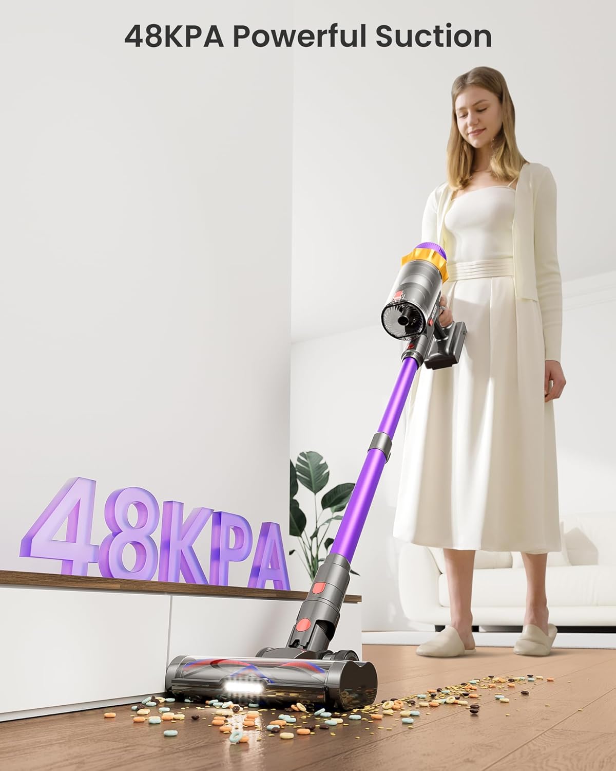 Cordless Vacuum Cleaner, 580W 48KPA 70 Mins Vacuum Cleaners for Home, Self-Standing Cordless Vacuum with Charging Dock Station, LED Display, Upgraded Anti-Tangle Stick Vacuum for Pet Hair/Carpet/Floor