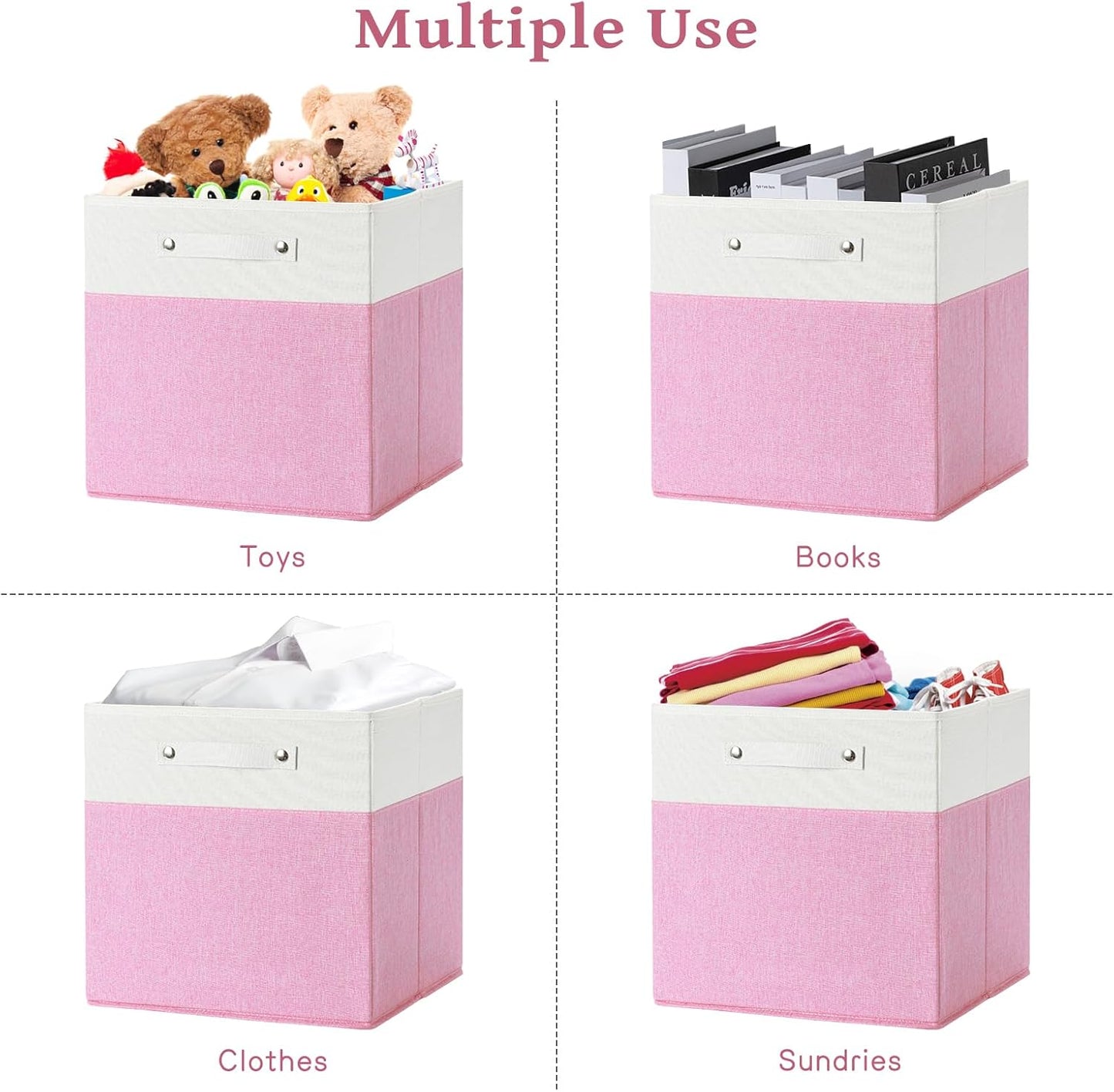 13 x 13 Inch Fine Linen Storage Bins with Handles，Fabric Cube Boxs，Collapsible Basket Organizers for Shelves for Home, Closet Drawers (White/Pink-4 Pack)