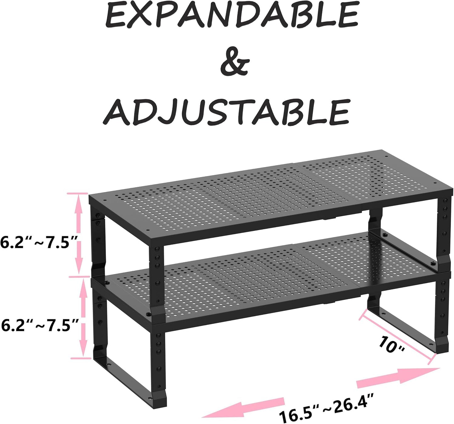 Metal Stackable Expandable Storage Shelf - Multi-Functional Home Storage Shelf, Suitable for Kitchen, Cabinet，Bathroom, Office, Garage, etc.（2PACKS/Black/Large