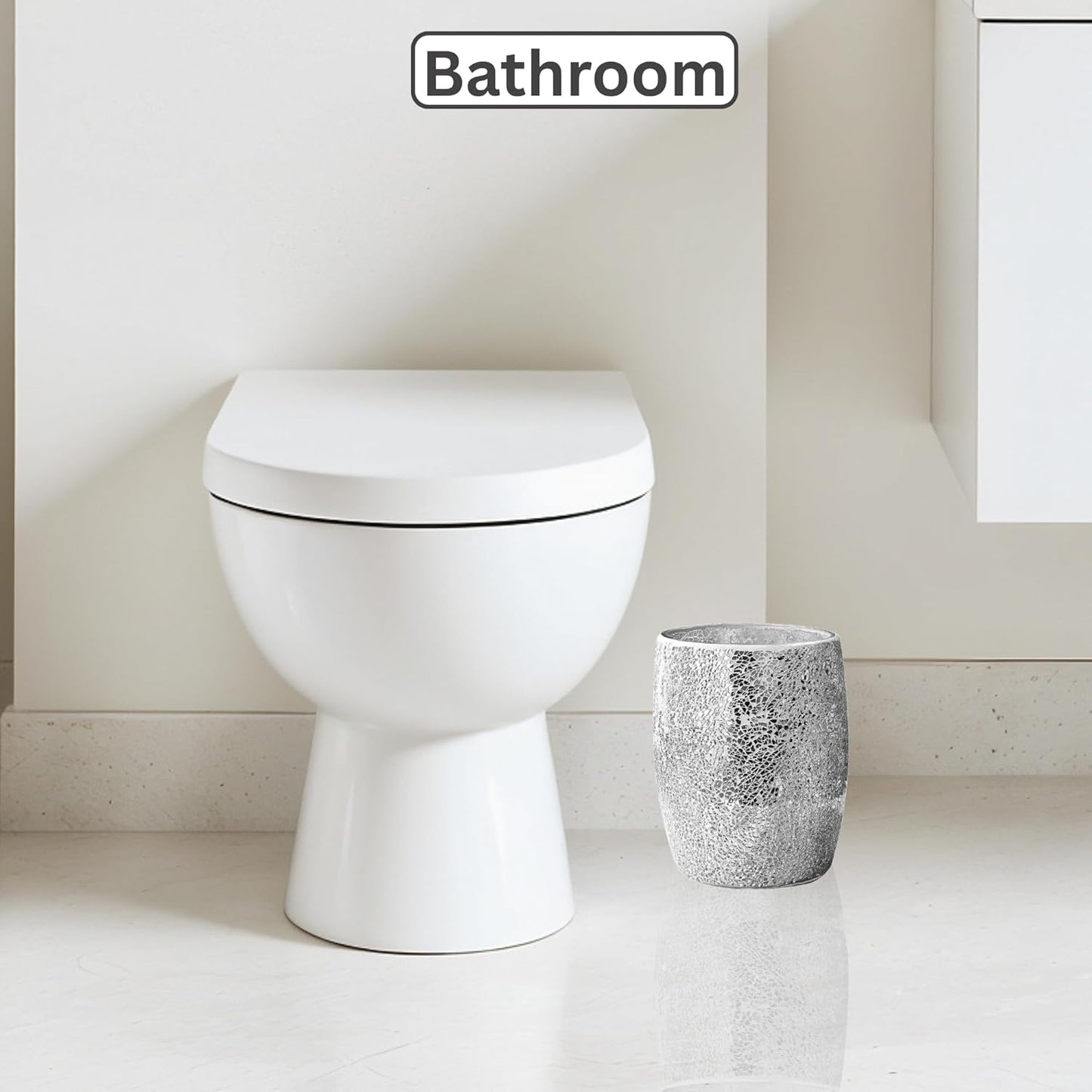 Escenzy Modern Bathroom Trash Can Silver Mosaic Glass 5L | 7" x 10" | Luxury Waste Basket for Restroom, Bedroom, Office & Kitchen | Decorative Small Garbage Can | Silver Glitter Bathroom Accessories