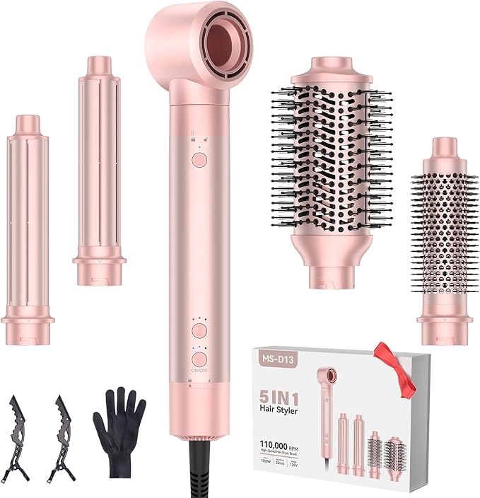 5 in 1 Hot Air Styler, Hair Dryer Brush with Auto Wrap Curling, 110,000 RPM High-Speed Blow Dryer and Air Curler, Frizz-Free Styling for All Hair Types-Straight, Wavy & Curly, No Heat Damage, 1200W