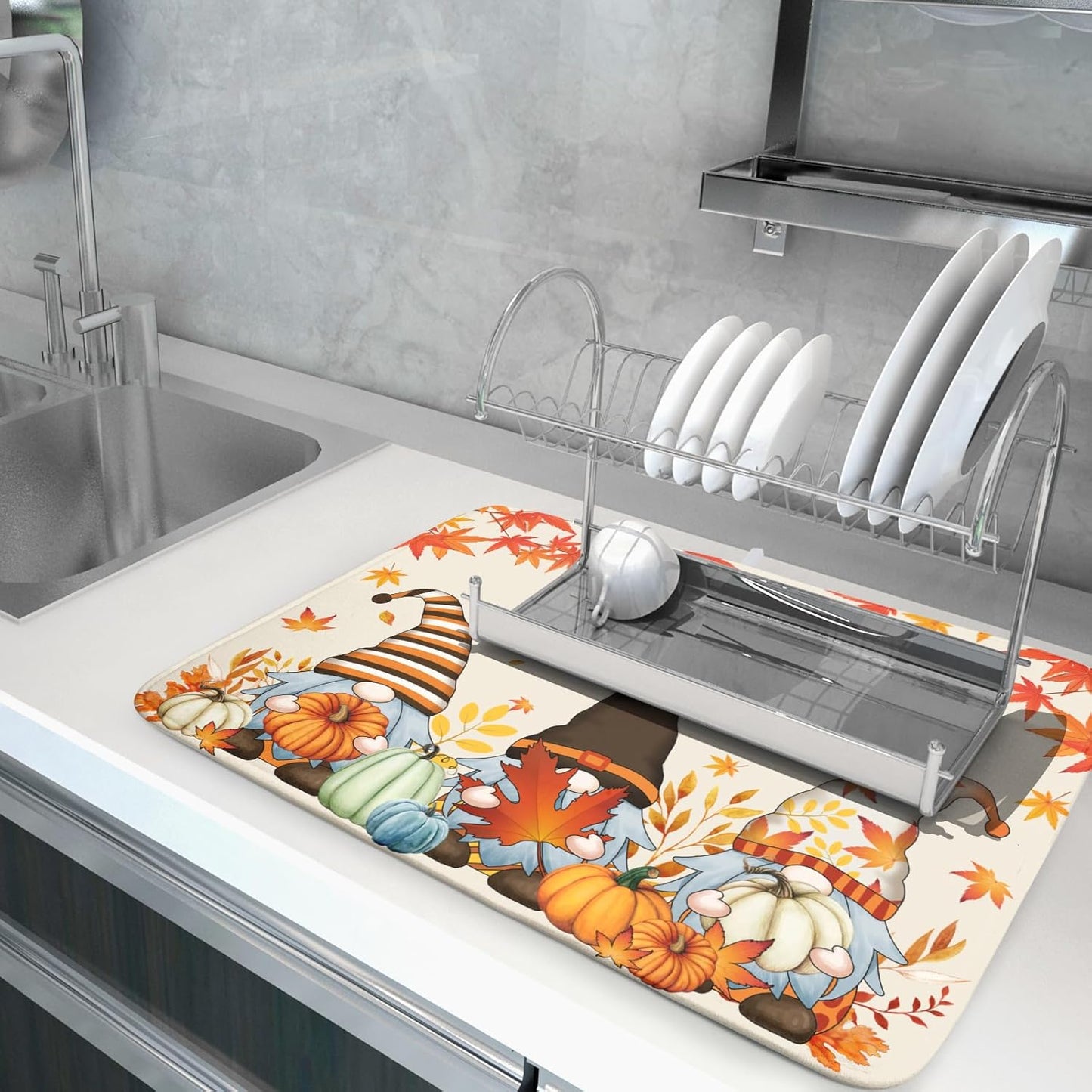 Fall Gnome Dish Drying Mat for Kitchen Counter Autumn Pumpkin Maple Leaves Dishes Pad Absorbent Fast Dry Dish Drainer Rack Mats 18x24 Inch Thanksgiving Day Drying Mats for Counter Accessories