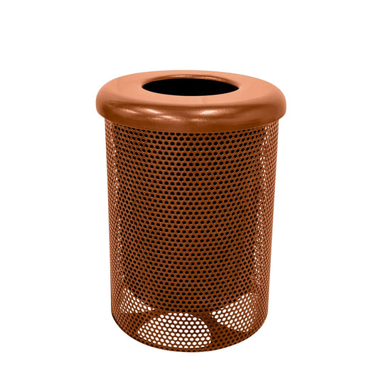 COATEDOUTDOORFURNITURE 32-Gallon Heavy-Duty Punched Steel Round Trash Receptacle, Commercial Outdoor Waste Bin with Liner & Black Flat Top Lid – Made in America (Textured Copper)
