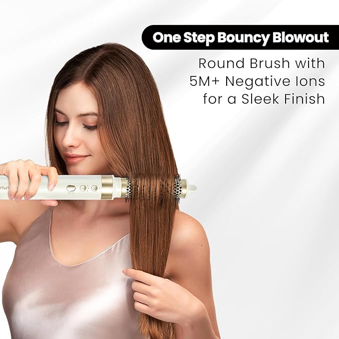 GLAMUP® Dual Voltage 6 in 1 Hot Air Styler, Upgraded Long Barrel, Diffuser, Round Brush, Powerful High Speed Dryer, Tight Grip, Curling Volumizing Gift Set with Bag, Travel Friendly