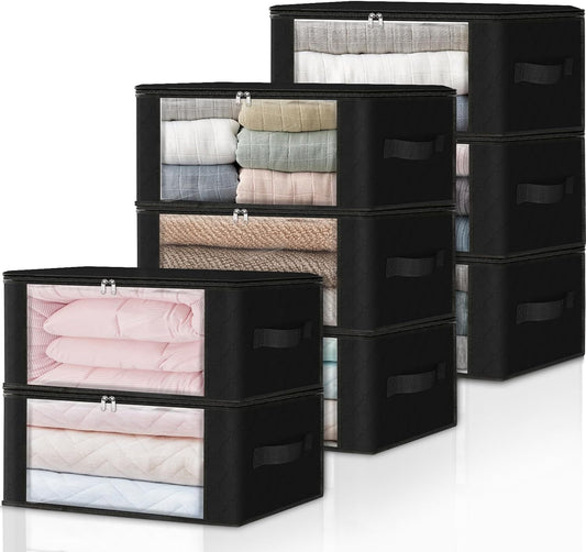 HomeHacks Storage 8-Pack Clothes Organizer Storage Bags Foldable Storage Box with Large Clear Window Sturdy Handles for Closet, Dorm, Pillows, Bedding, Clothes, Blankets, 35L, Black