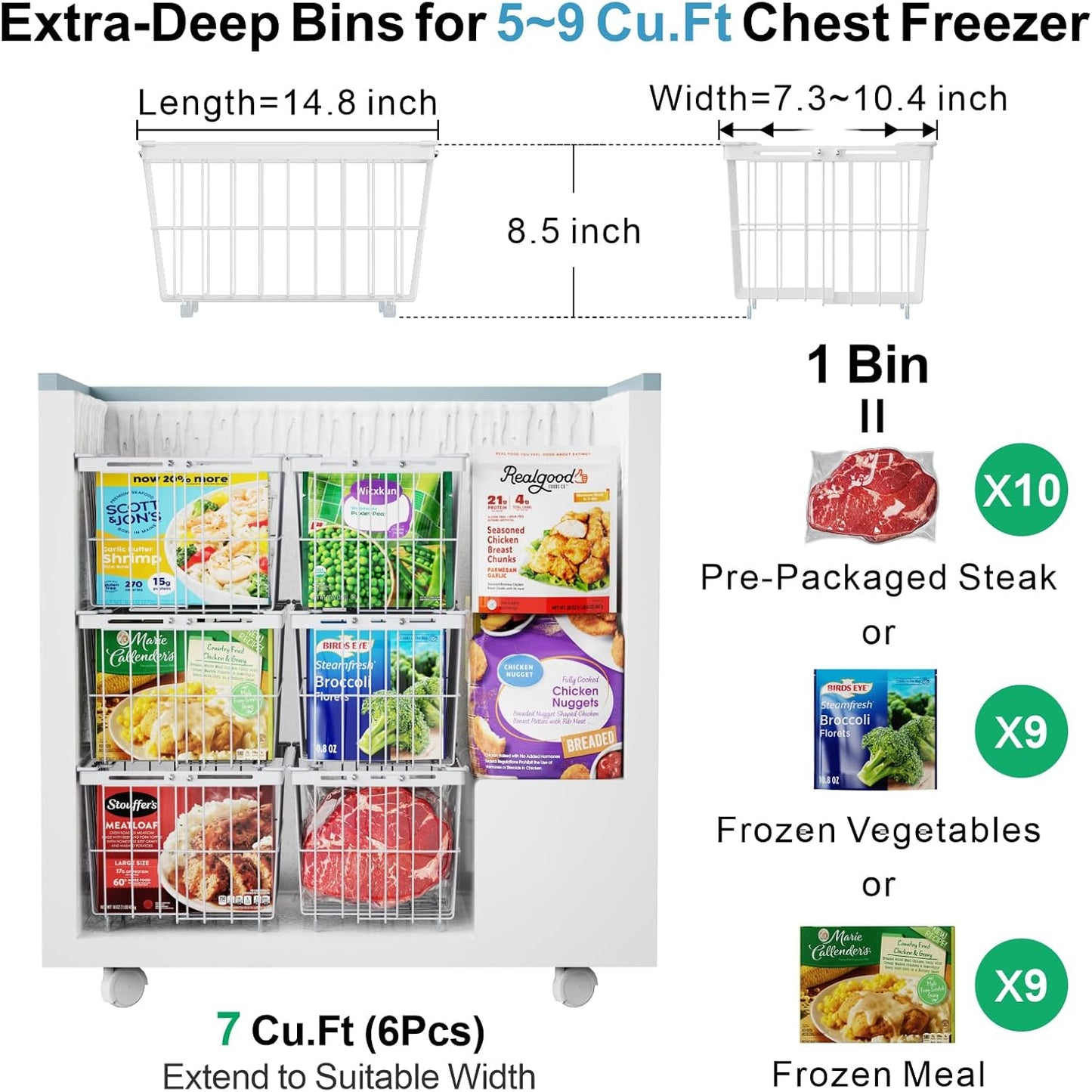 iSPECLE Freezer Organizer Bins - 4 Pack Adjustable & Extra Large Chest Freezer Organizer Bins for 5 to 9 Cu.Ft Deep Freezer, Easy Organize Basket Store More, Stackable No Wasted Space, White
