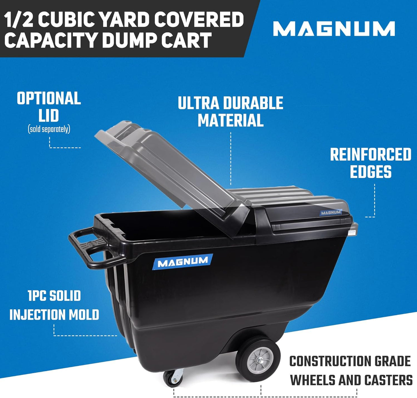 Tilt Truck, 1/2 Cu. Yd. Capacity Dump Cart with Heavy Duty 12” Wheels & 5” Casters for Handling, Transporting on Construction Jobsites, 750 lbs, Trash Cart with Wheels DUC12A